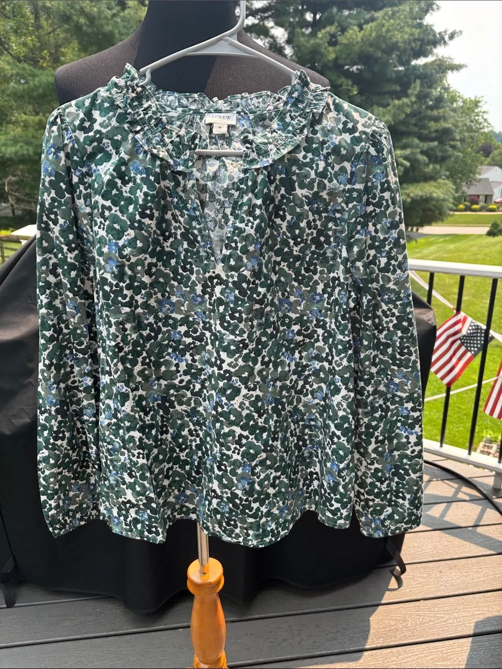 J. Crew Green and Blue Floral Ruffle-Neck Blouse